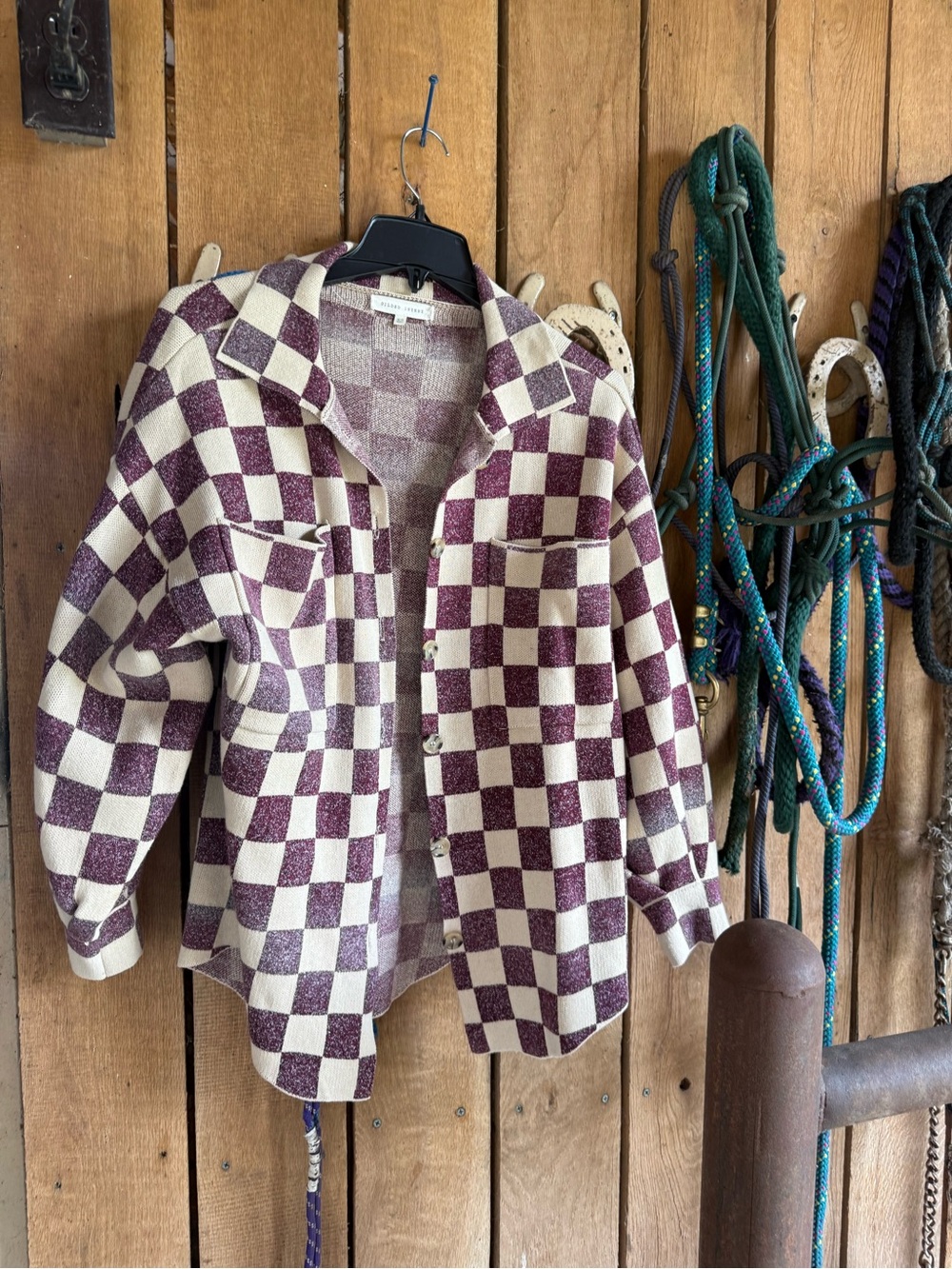 Gilded Intent Cream and Purple Checkered Knit Cardigan